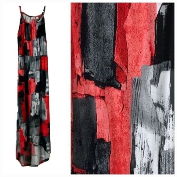 CATO Women XS 2/4 Black & Red Brushstroke High Low Sleeveless Strappy Maxi Dress - Picture 1 of 6